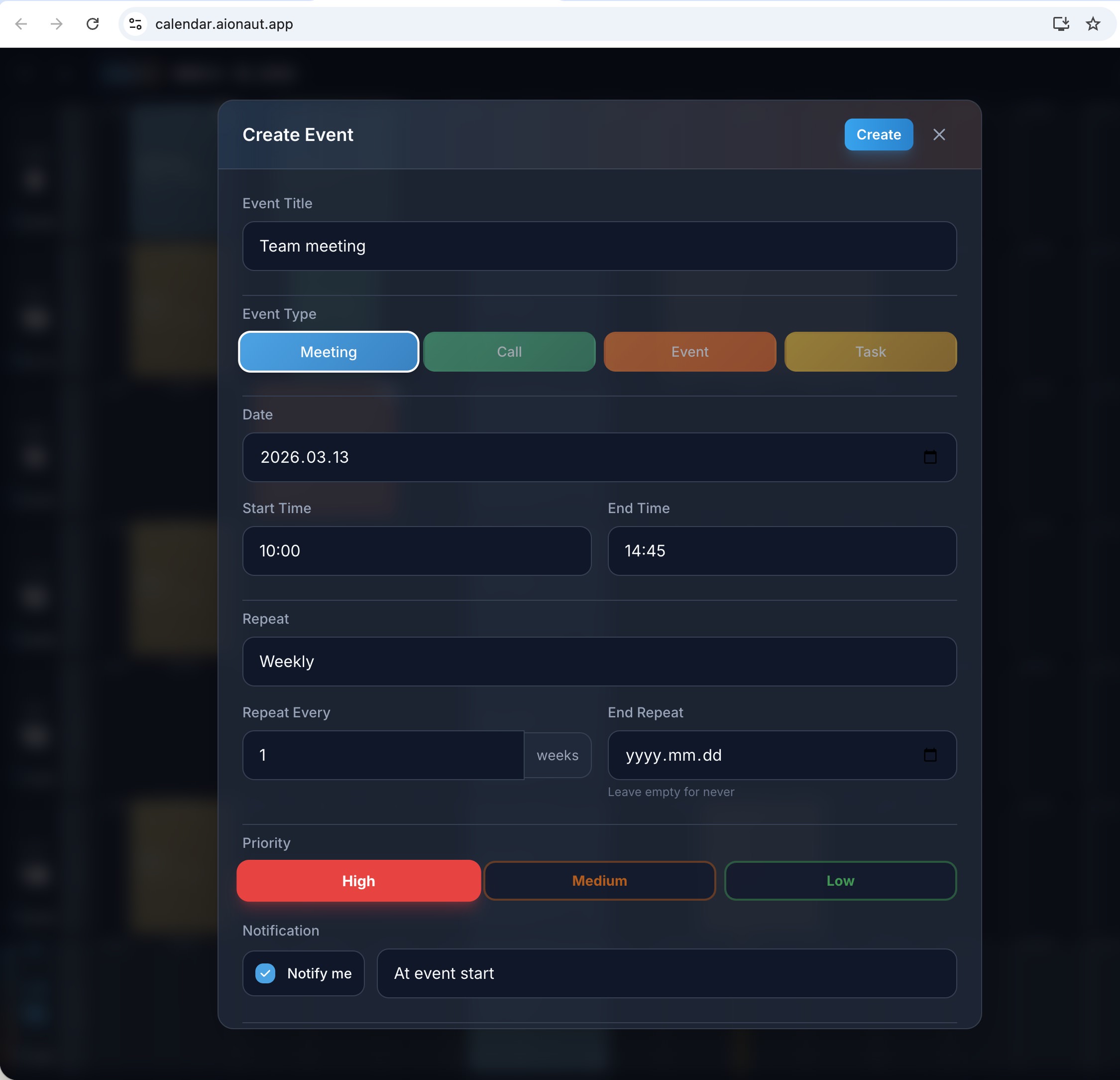 Aionaut Calendar on Desktop