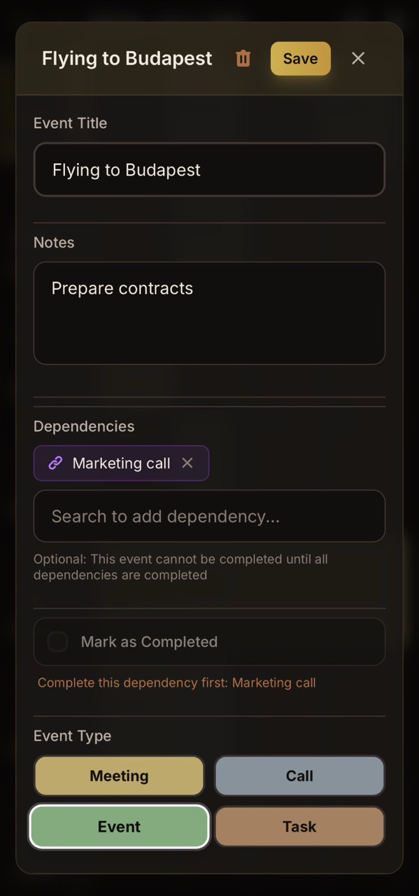 Task dependencies and deep notes attached to events