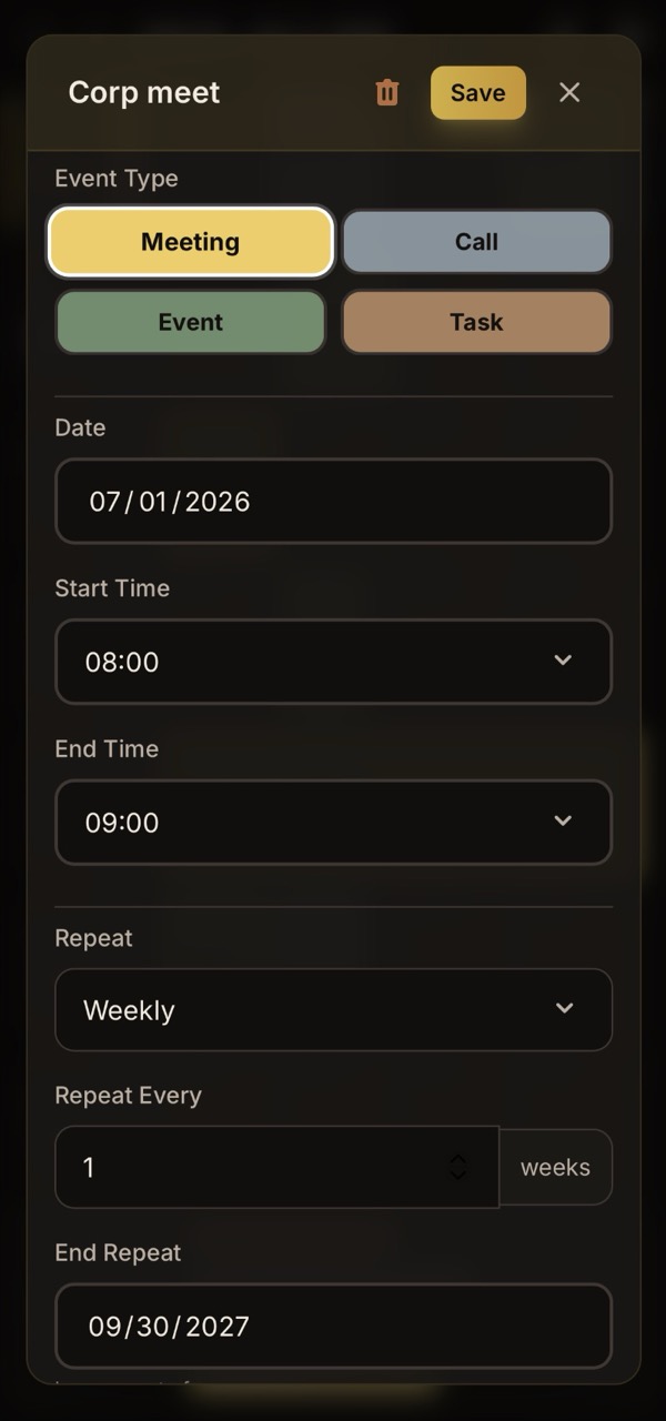 Quick add event interface